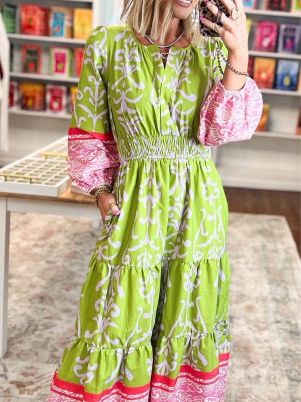 Green & Pink Printed Tiered Maxi Dress